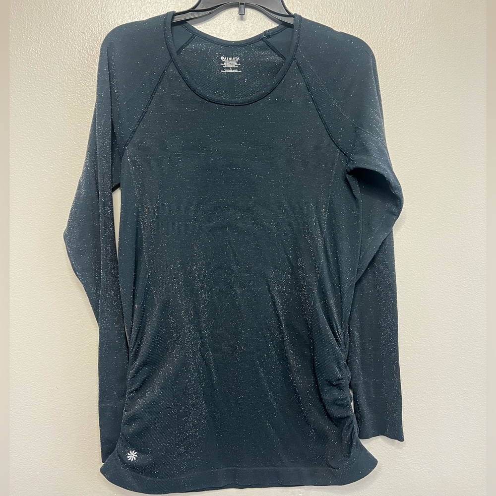 Athleta Shine Speedlight Blue Metallic Ruched Shimmer Long Sleeve Stretch Tee